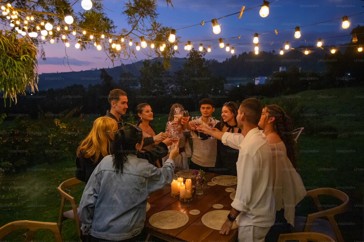 Enchanting backyard wedding reception with string lights